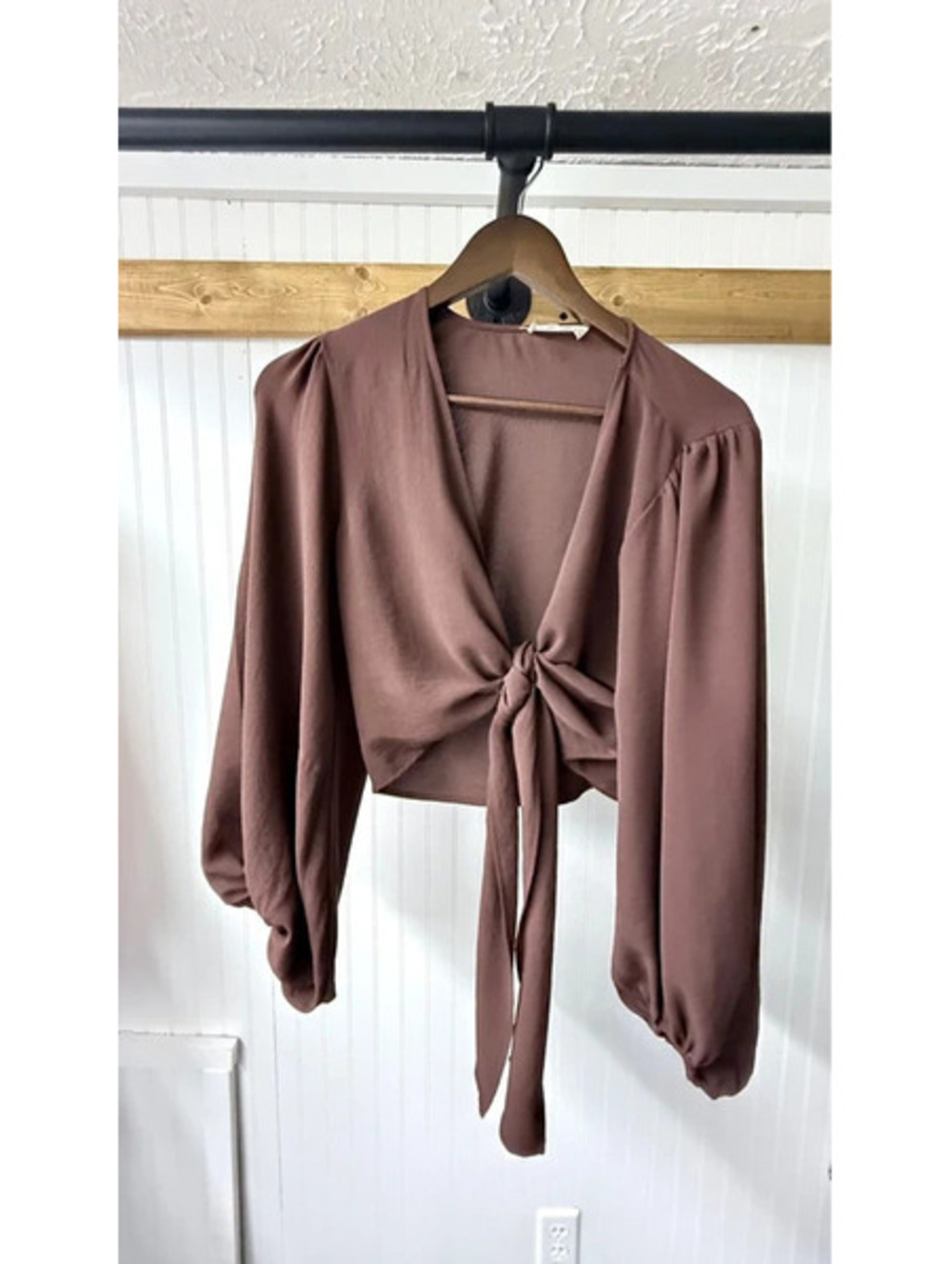 Altar’d State brown satin crop top front knot voluminous sleeves medium romantic
